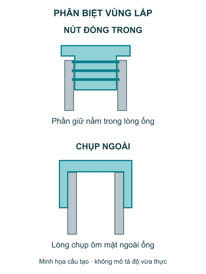 Sơ đồ cấu tạo nút đóng trong và chụp ngoài; phần màu xanh biểu thị nút, màu xám biểu thị thành ống.