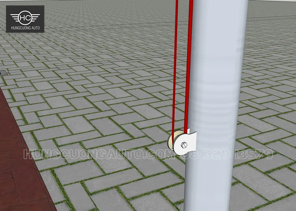 Chi tiết dây kéo qua puly gắn cột mái xếp Phối cảnh dây kéo màu đỏ đi qua puly gắn ở phần dưới cột mái xếp