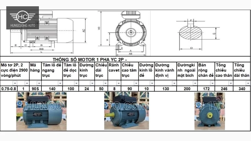 Bản vẽ kích thước động cơ 1 pha YC 2 cực kèm bảng thông số và ảnh minh họa