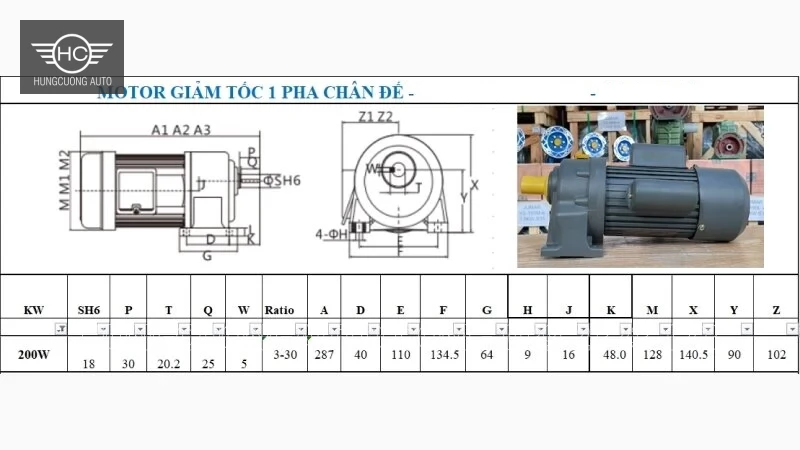 Bản vẽ và bảng kích thước motor giảm tốc 1 pha chân đế 200 W