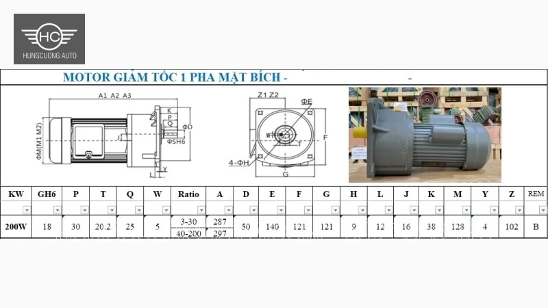 Bản vẽ và bảng kích thước motor giảm tốc 1 pha mặt bích 200 W