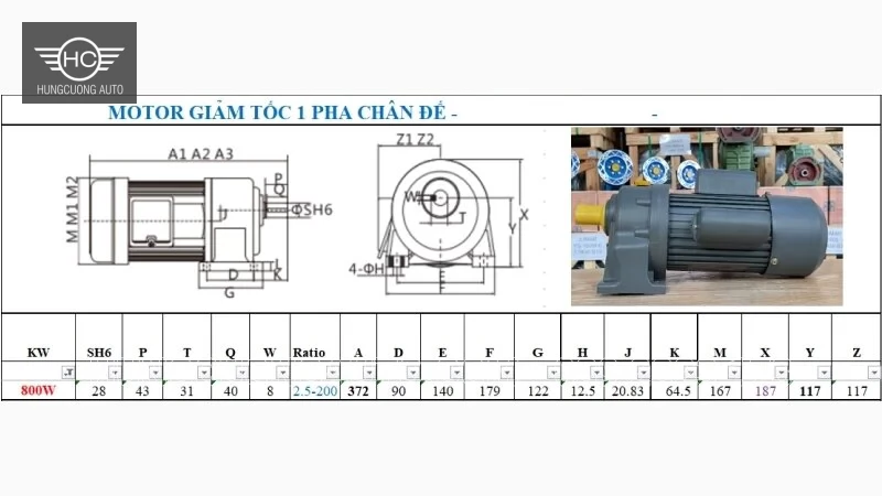 Bản vẽ và bảng kích thước motor giảm tốc 1 pha chân đế 800 W