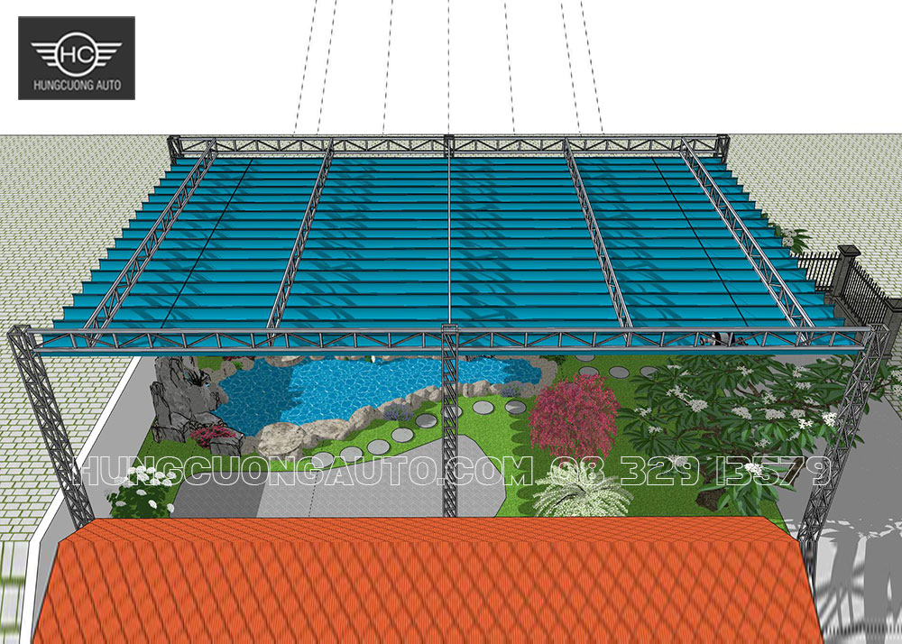 Bản vẽ mái xếp 10x16m cho sân vườn, hồ cá koi đẹp nhất