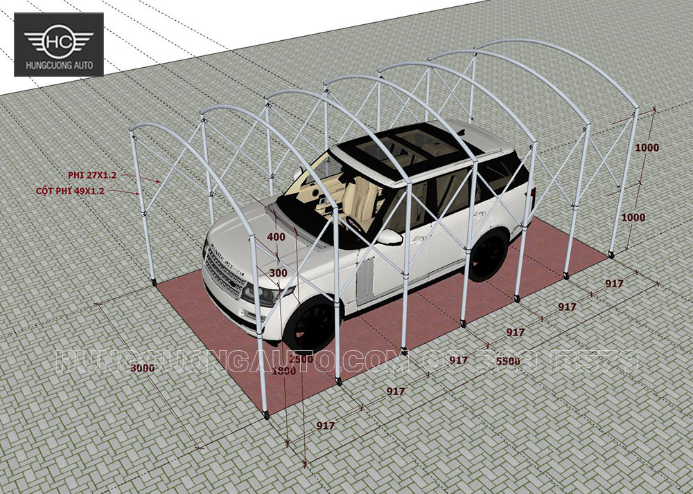 Bản vẽ nhà bạt xếp di động - punta che xe ô tô 3x5.5 m
