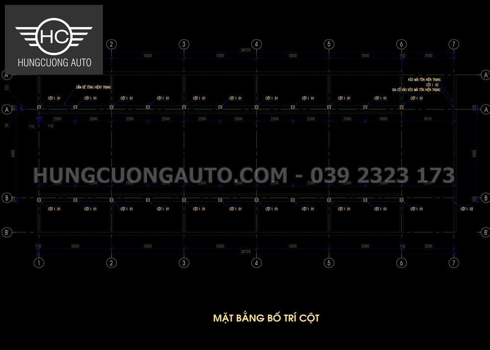 Mặt bằng bố trí cột mái che khung giàn Nhà máy Hoa Sen Nghệ An