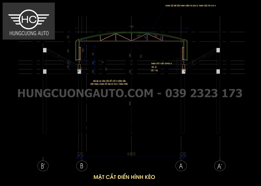 Mặt cắt khung kèo mái vòm di động Hoa Sen Nghệ An