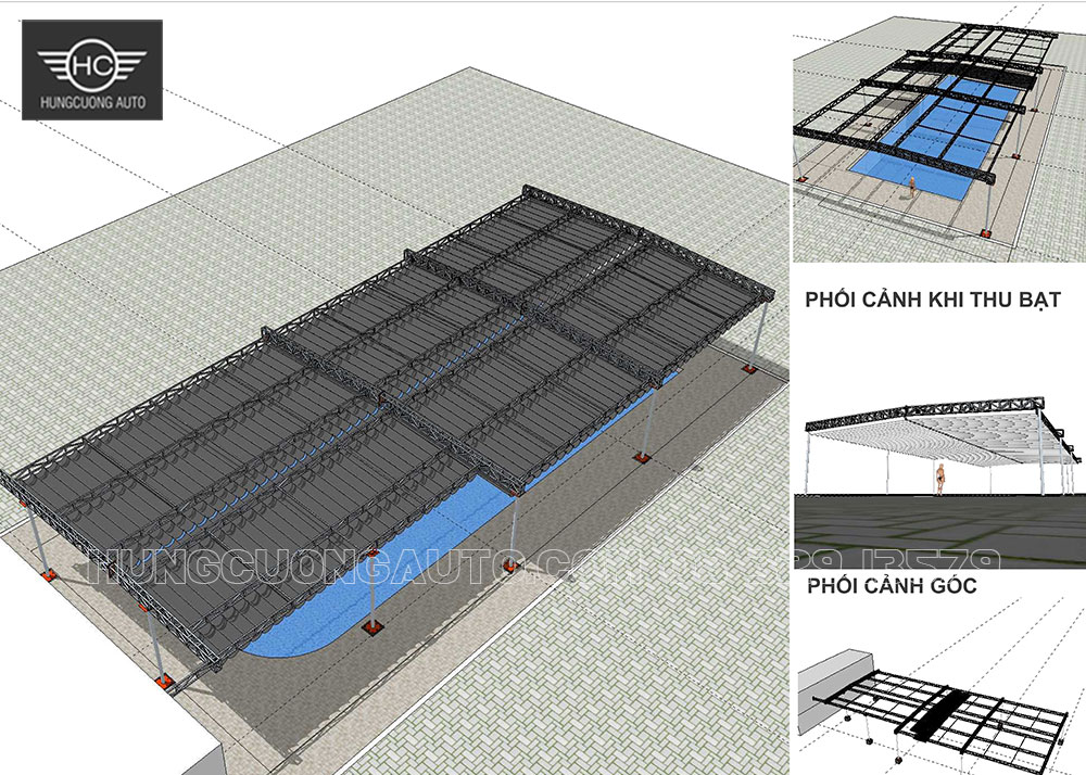 Hình sảnh thiết kế 3d mái bạt xếp bể bơi việt Hưng