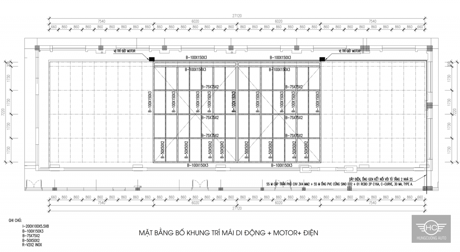Mặt bằng hai mô-đun mái di động và vị trí motor