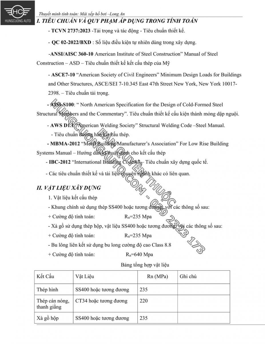 Tiêu chuẩn và vật liệu trong thuyết minh kết cấu