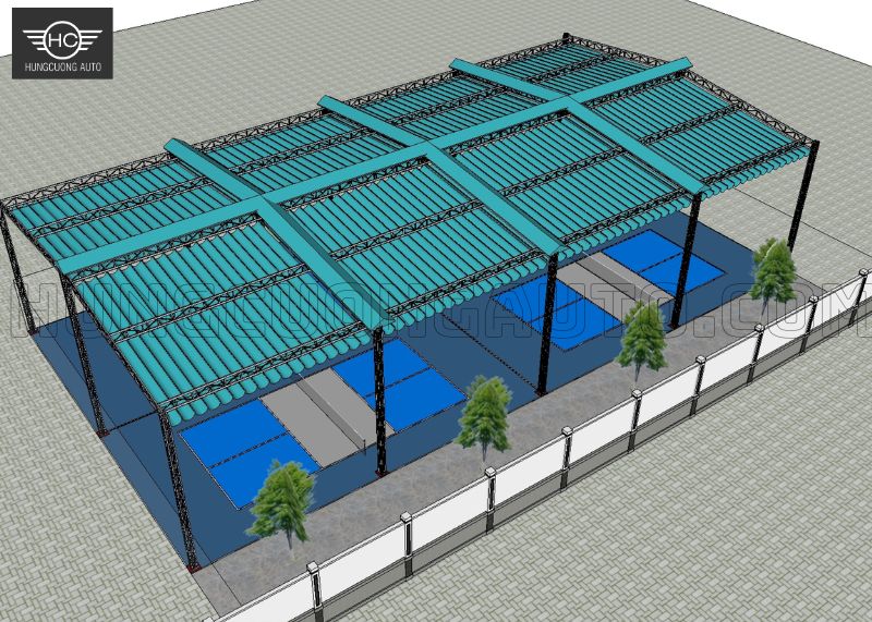 Bố trí tổng thể mái bạt xếp di động sân pickleball 36,5 x 14,9 m
