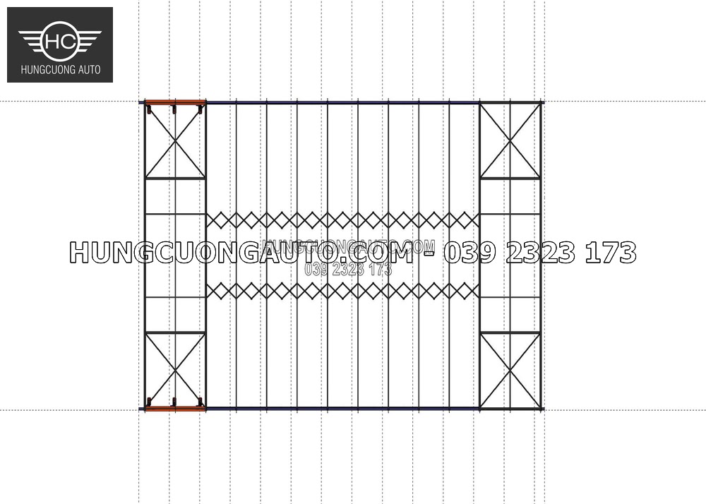 Mặt bằng 3D bố trí khung bao và giằng kéo mái che di động 12 x 20 m