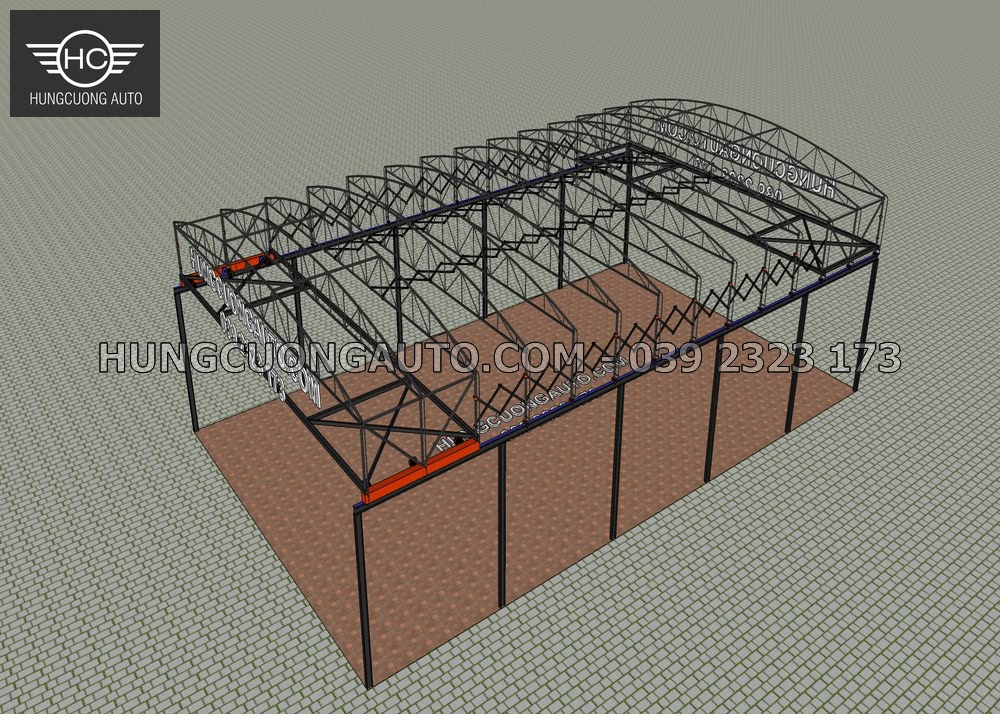 Phối cảnh 3D khung bao và chuỗi khung vòm mái che di động 12 x 20 m khi bỏ lớp bạt