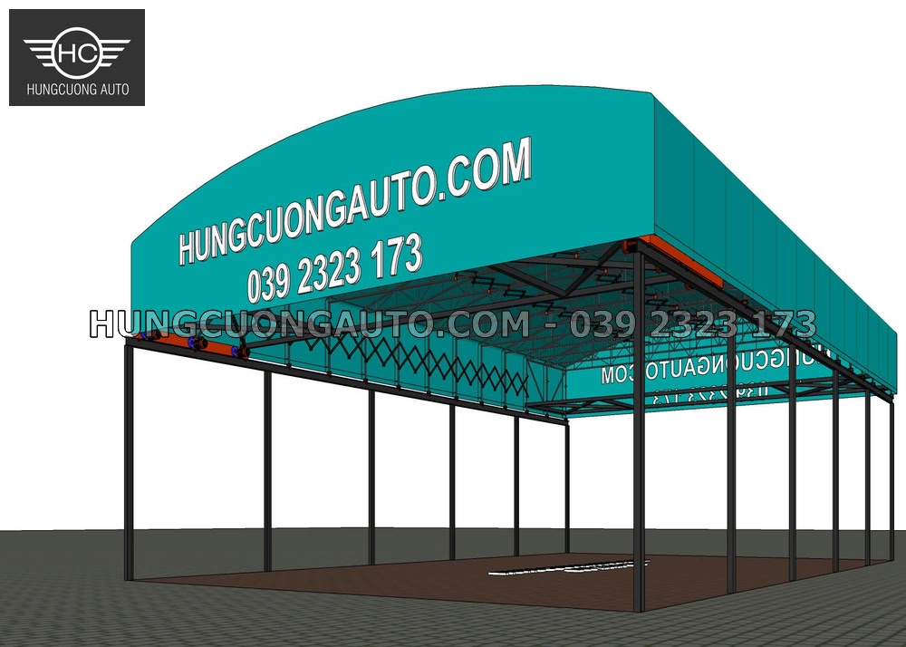 Phối cảnh bên ngoài mái che di động khung giàn 12 x 20 m khi phủ bạt