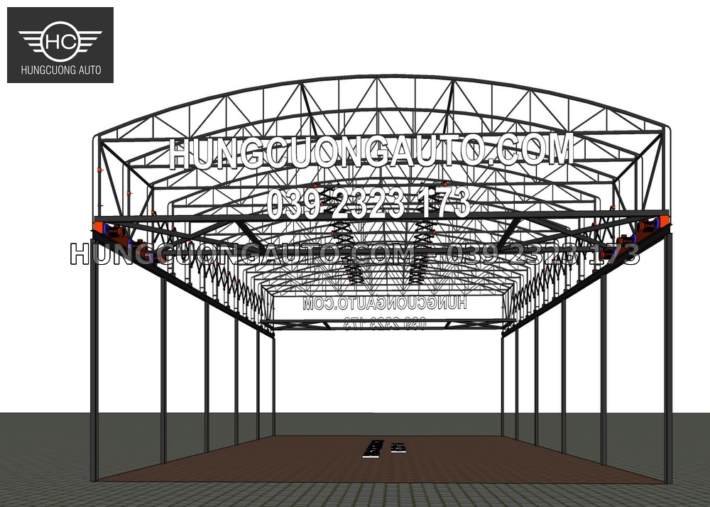 Mặt đứng 3D khung vòm và khung đỡ mái che di động 12 x 20 m