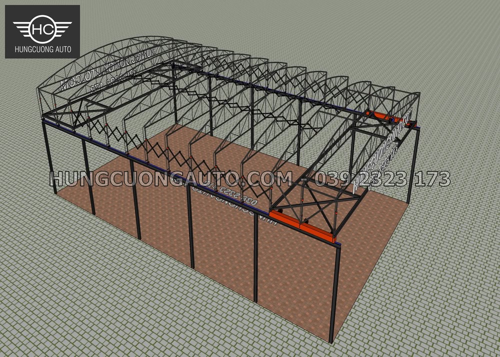 Phối cảnh 3D khung bao, dầm biên và cụm khung vòm mái che 12 x 20 m