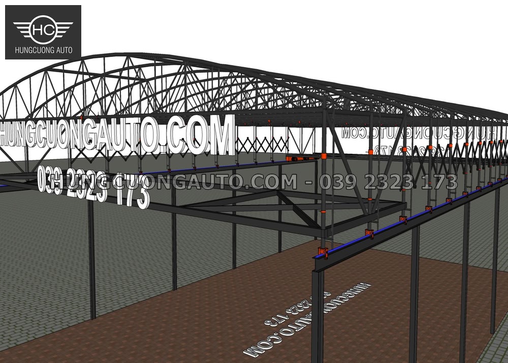 Góc nhìn dọc dầm dẫn hướng và chuỗi khung vòm mái che di động 12 x 20 m