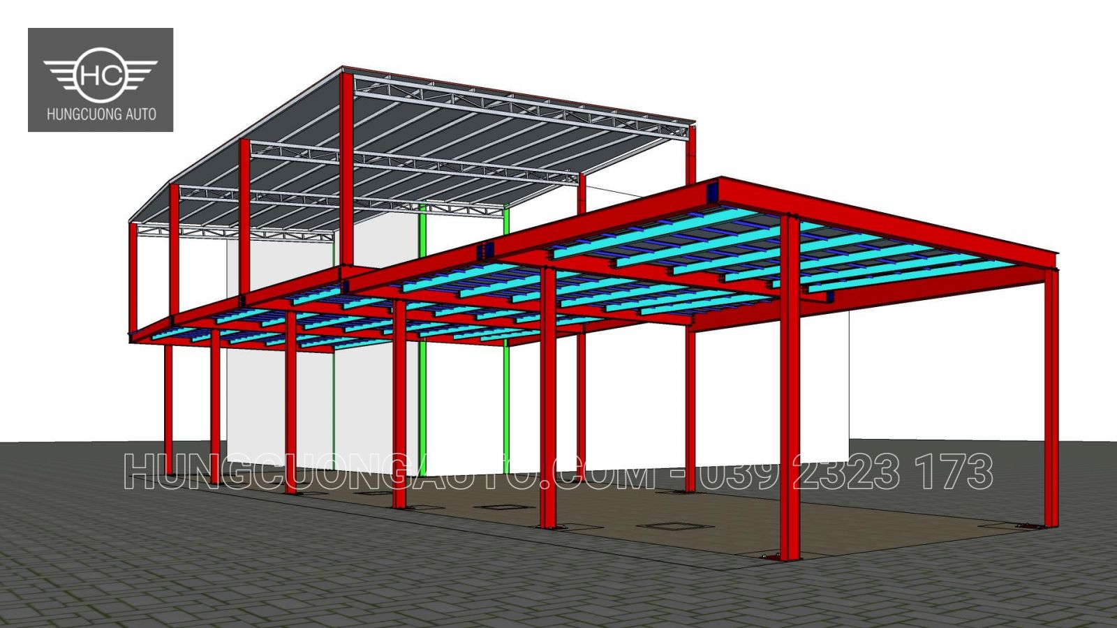 Khung cột và dầm sàn thép nhìn từ phía dưới Mô hình 3D khung cột và hệ dầm sàn thép nhìn từ phía dưới