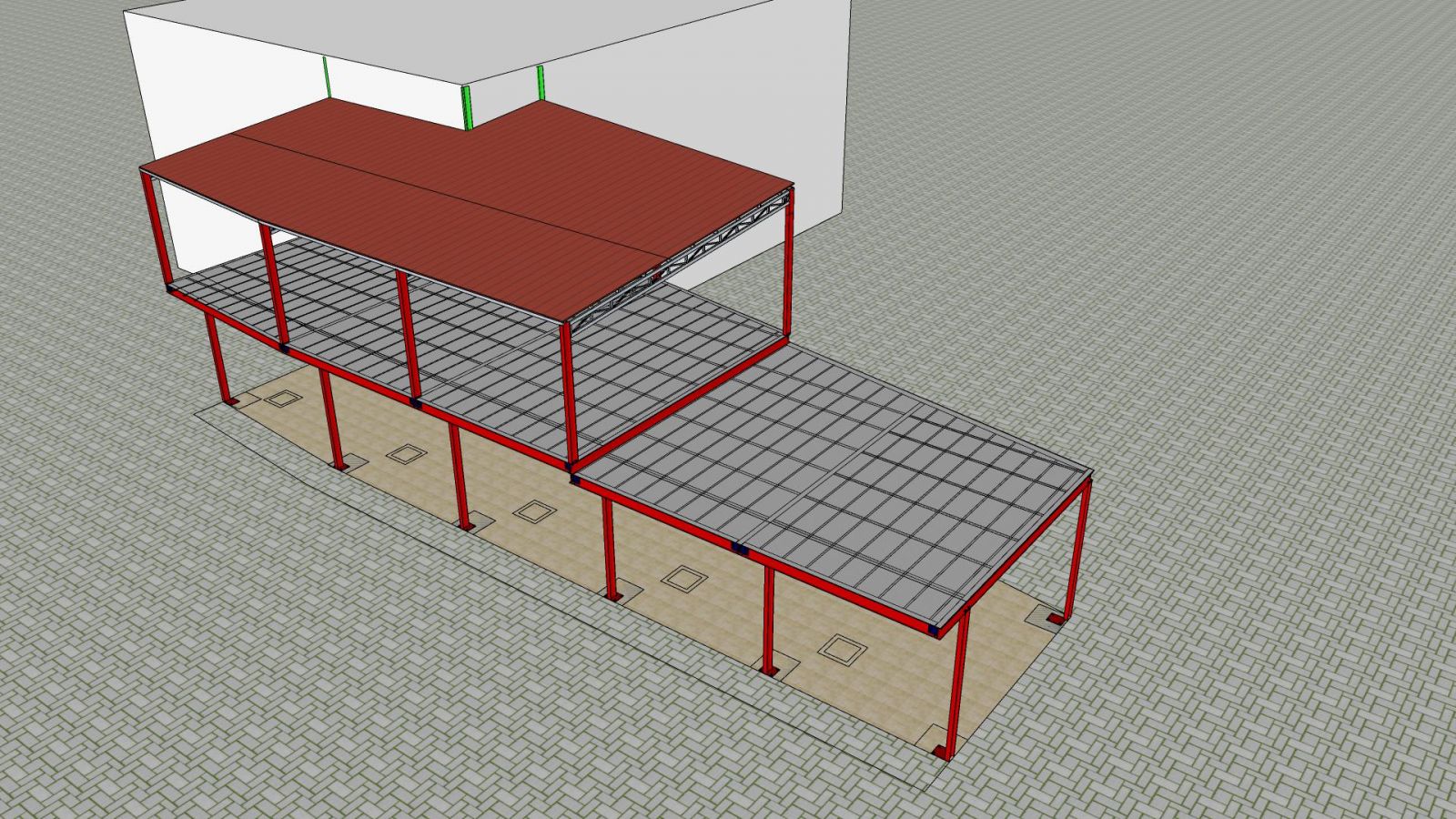 Phối cảnh 3D khung thép có sàn và mái của phương án nhà xưởng