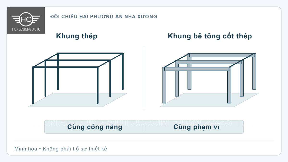 Hai sơ đồ nhà xưởng cùng góc nhìn, một khung thép và một khung bê tông cốt thép, với nhãn cùng công năng và phạm vi