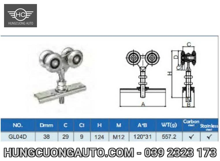 Bản vẽ kích thước Bánh xe cửa lùa treo đôi GL04D